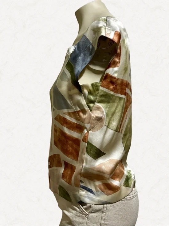 Anthro Maeve 100% Silk Geometric Tie Shoulder Blouse XS Boho - Picture 6 of 8